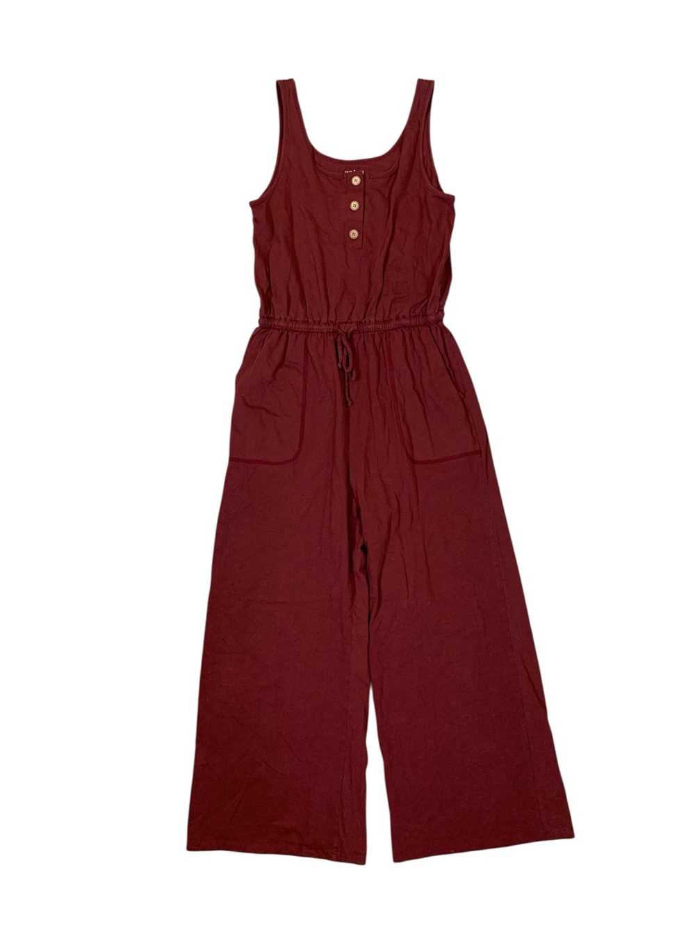 Imbodhi S Burgundy Sleeveless Wide Leg Drawstring Waist Pocket Boho Jumpsuit